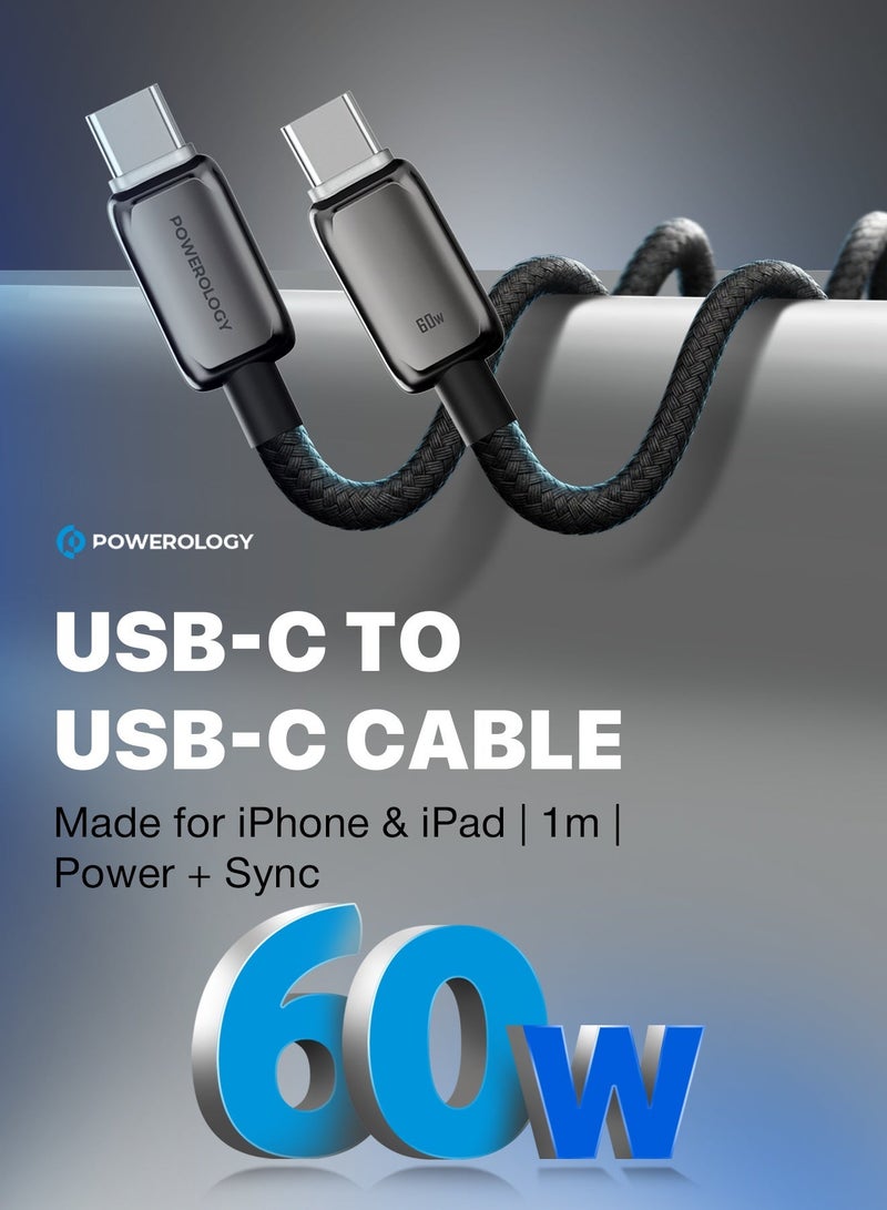 باورولوجي كابل USB C إلى USB C، PD 60W مضفر ومقاوم للأوساخ، كابل شحن سريع من نوع C، موصل رفيع، للهواتف آيفون 17/16/15، ماك بوك (رمادي، 1 متر). - Image 2